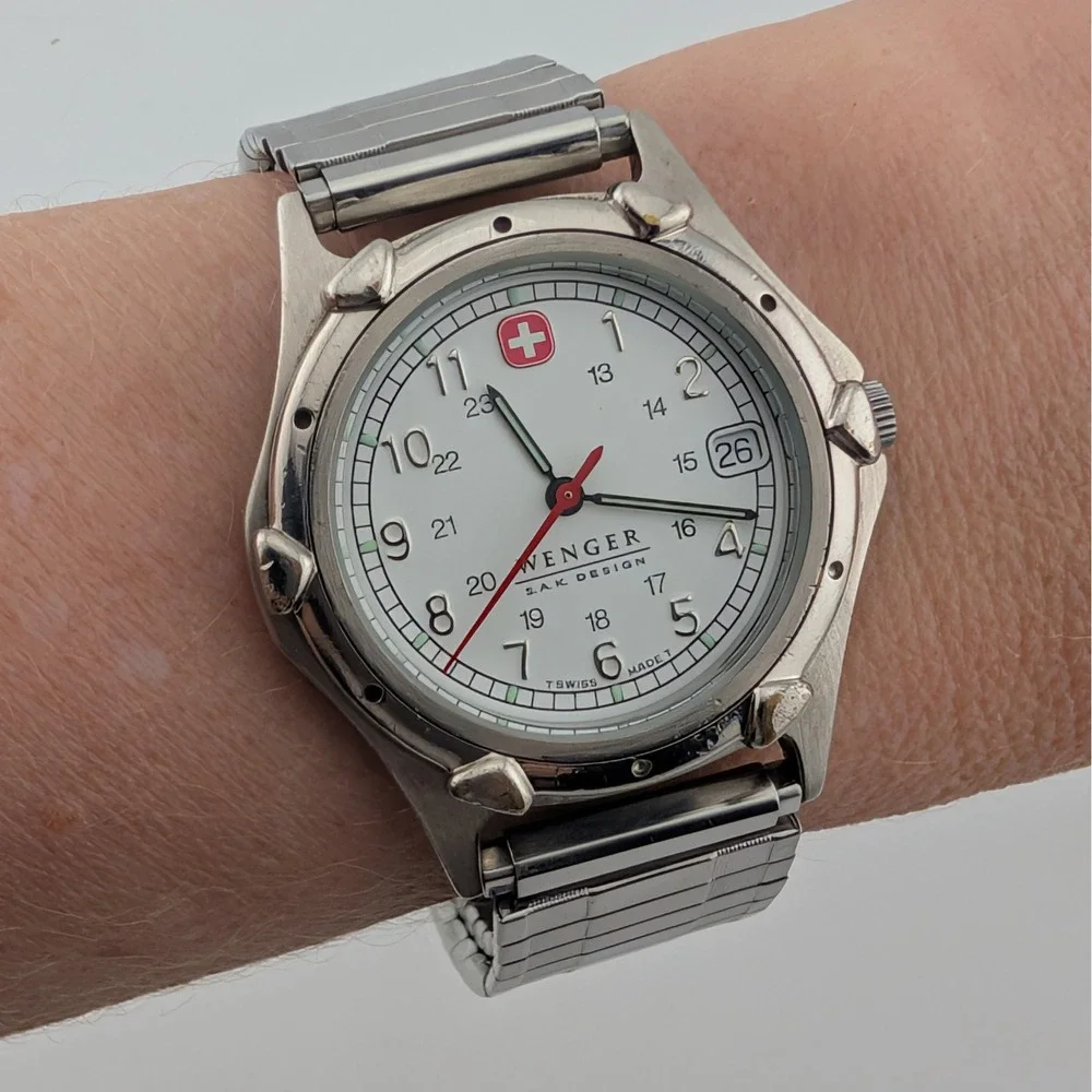 Wenger S.A.K. Design Vintage Swiss Quartz Date Watch White Dial Luminous 36mm
